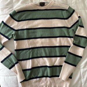 J. Crew Green and Cream Striped Cashmere Crewneck Sweater